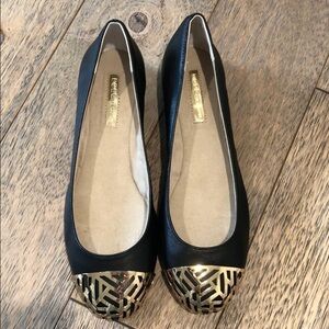 NEW BCBG Black Leather Flats, Gold Toe Cap, Size 6.5